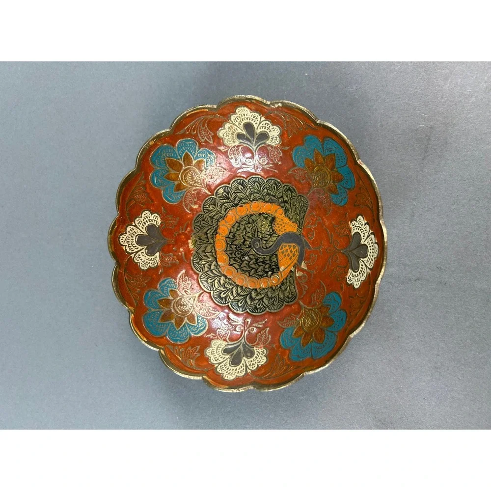 Vintage Brass Enamel Peacock Bowl Red Blue Scalloped Edge Decorative Dish 5 inch